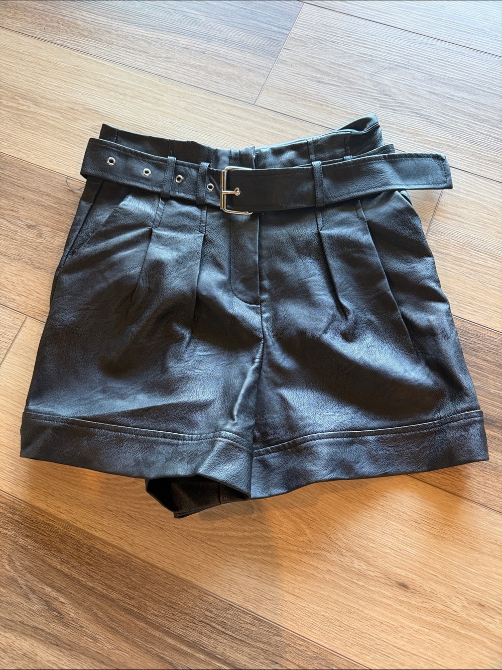 Topshop Black High-Waist Faux Leather Belted Shorts